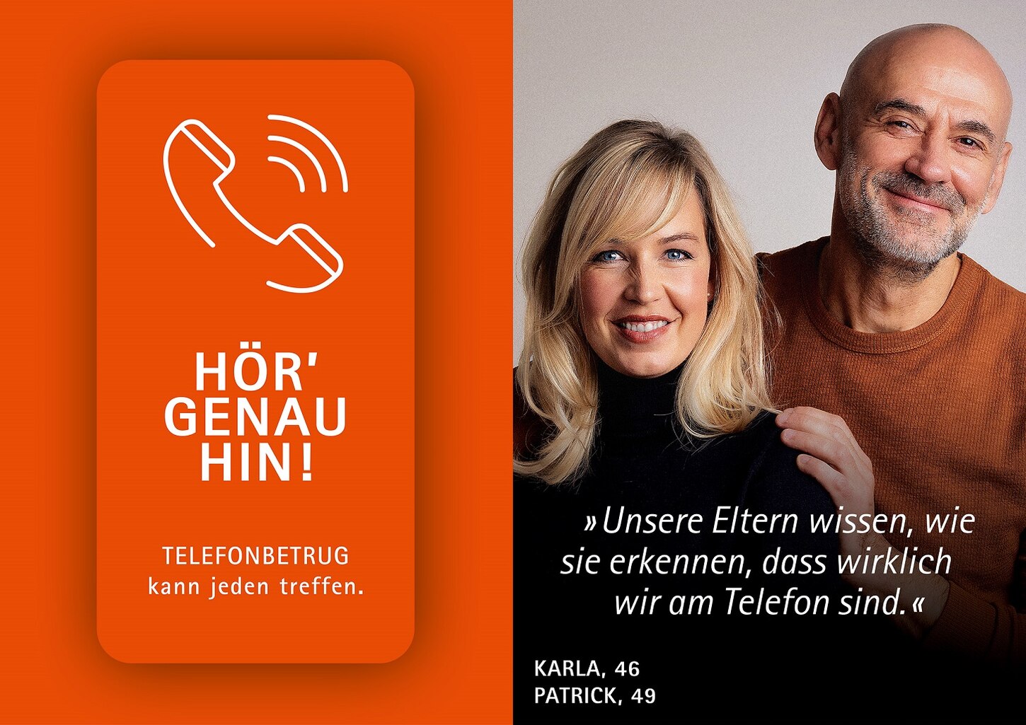 Betrugskampagne mit Paar mit Botschaft: Unsere Eltern wissen, wie sie erkennen, dass wir wirklich am Telefon sind.